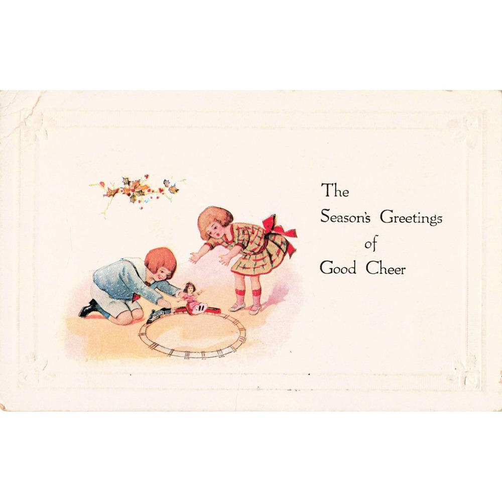 Vtg 1915 Christmas Postcard Children Toy Train Doll Cleveland Ohio VG - Picture 1 of 2